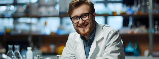 Young Atmospheric Scientist Exuding Joy and Excitement While Working in the Lab on a Colorful Background photo