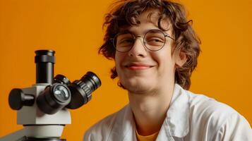 Young Physicists Joyous Portrait A Visionary Embracing Scientific Discovery photo