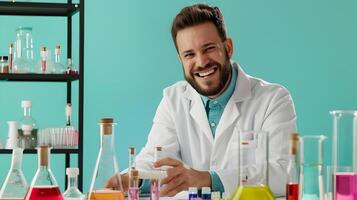Young Cheerful Chemist Excitedly Conducting Research in Colorful Lab photo