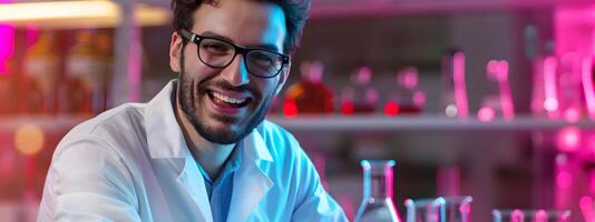 Young Atmospheric Scientist Exuding Happiness While Conducting Research in a Vibrant Lab photo
