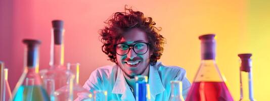 Young Chemist Exuding Joy in a Vibrant Lab Environment photo