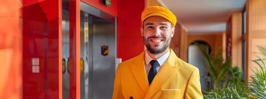 Young Hotel Front Door Greeter Exuding Happiness and Professionalism in a Colorful Environment photo