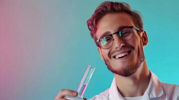 joven farmacia jubiloso retrato abrazando conocimiento y innovación en un vibrante laboratorio foto
