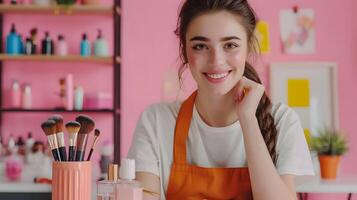 Young Makeup Joyful Work Moment A Vivid Portrayal of Passion and Skill photo