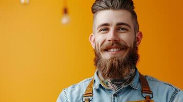 Young Barbers Radiant Smile Expressing Joy and Professionalism in Vibrant Grooming Space photo