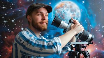 Young Astronomers Passion A Happy Professional Pursuing the Secrets of the Universe photo