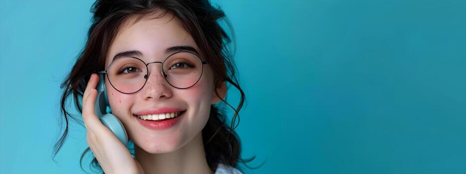 Young Professional Excelling as a Happy Over the Phone Interpreter on a Vibrant Color Background photo