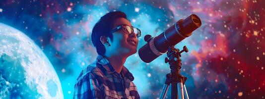Young Astronomers Joyful of the Cosmos through a Telescope photo
