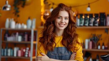 Vibrant Vocation Joyful Young Hair Stylist Excels in Colorful World of Hairdressing photo