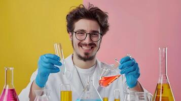joven químico sobresale en vibrante laboratorio un nuevo era de científico Progreso foto