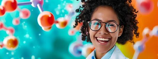 Young Molecular Scientist Exuding Joy While Conducting Research on Colorful Background photo