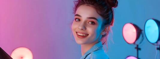 Young Makeup Joyous Devotion to her Craft Expertly Demonstrated in a Vivid Portrait photo