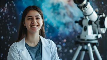 Young Prodigys Passion A Happy Astronomer Diligently Working on a Colorful Space Observation photo