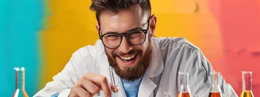 Young Molecular Scientist Exuding Joy in Vibrant Lab Environment photo