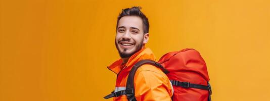 Cheerful Young Emergency Relief Worker in Action A Portrait of Devotion and Compassion photo