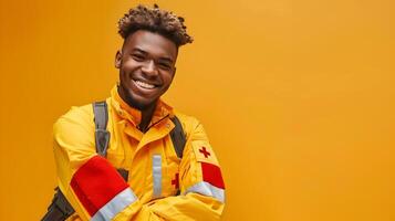 Dedicated Emergency Relief Worker Young Professional Exuding Joy in LifeSaving Career photo