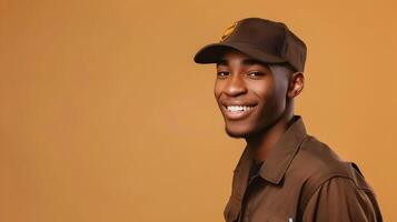 Cheerful UPS Driver in Moment of Job Satisfaction during Parcel Delivery photo