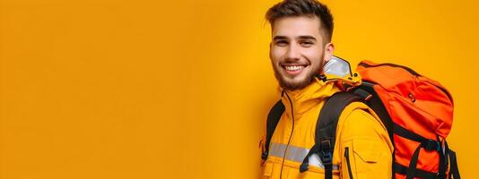 Dedicated Emergency Relief Worker A Portrait of Young Humanitarian in Action on Color Background photo