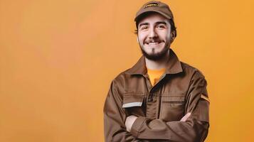 Cheerful UPS Driver Exuding Joy and Professionalism in Sunlit Delivery Scene photo
