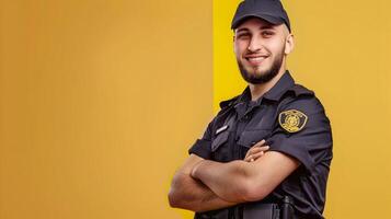 Cheerful Security Guard Exuding Confidence in Vibrant Work Environment photo