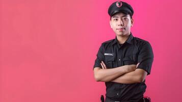 Cheerful Young Security Guard Exuding Professionalism in Colorful Portrait photo