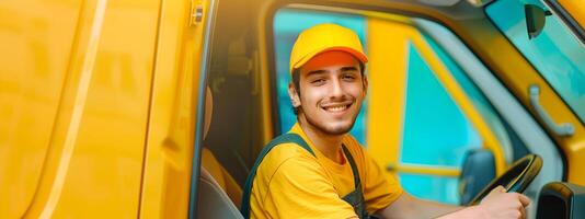 Cheerful Meals on Wheels Driver Radiating Joy while Delivering Food on a Colorful Background photo