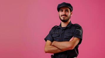 Dedicated Young Security Guard Exuding Professionalism and Happiness in Colorful Portrait photo