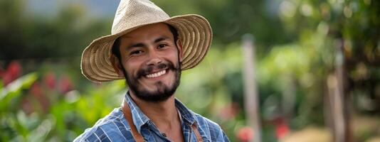 Cheerful Young Farm Worker in Vibrant Field A Portrait of Joy and Sustainability photo