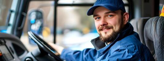 Cheerful Young Bus Driver at the Wheel A Morning Commutes Unsung Hero photo
