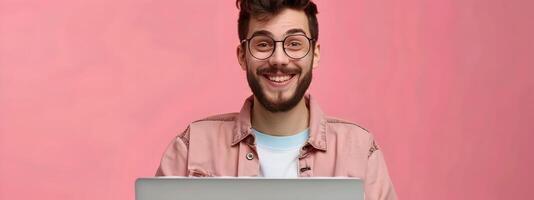 Happy Young Content Creator Exuding Joy and Success while Working on a Colorful Digital Design photo
