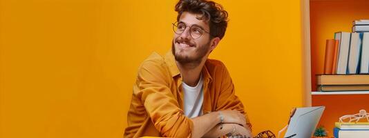 Happy Young Copywriter Productively Working on Color Background Professional Portrait photo