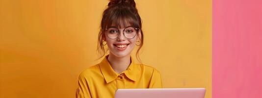 Happy Young Copywriter Exuding Enthusiasm While Typing on Laptop in Colorful Home Office photo