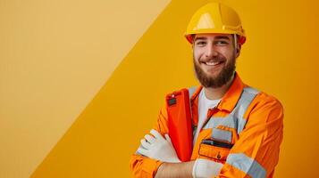 Happy Young Emergency Relief Worker A Portrait of Devotion and Service photo