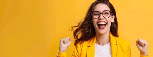 Happy Young Content Strategist Excelling in Work on Color Background photo