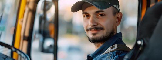 Happy Young Bus Driver Exemplifying Positivity in Modern Urban Transportation photo
