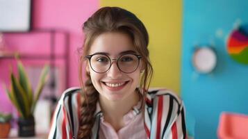 Happy Content Strategist Excelling in Colorful Workspace photo
