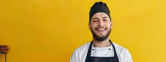 Happy Young Chef Crafting Culinary Delights A Vibrant Portrait of Skill and Passion in the Kitchen photo