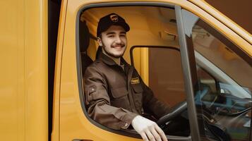 Enthusiastic UPS Driver in Action A Portrait of Modern Delivery Service Excellence photo