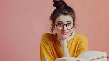 Happy Young Copywriter Exuding Positivity While Working on Colorful Background photo