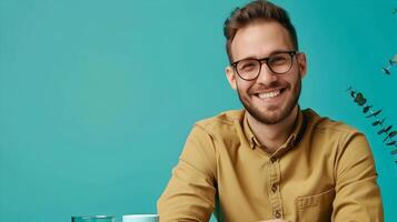 Happy Content Strategist Working Diligently on Colorful Office Background photo