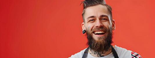 Happy Young Barber Expertly Crafting Styles A Vibrant Salon Experience photo