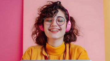 Happy Young Content Creator Crafting Digital Art on Colorful Background photo
