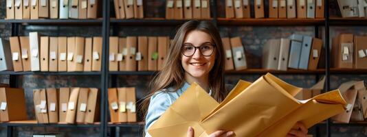 Enthusiastic Young Archivist Excels in Records Management on Colorful Background photo
