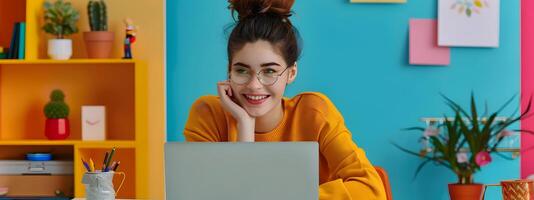 Happy Young Content Creator Exuding Joy and Creativity While Working on Colorful Background photo