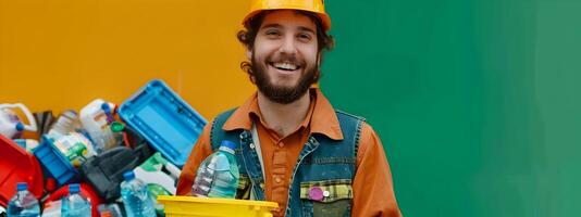 Enthusiastic Young Recyclables Collectors Colorful Workday Embracing Green Living and Responsibility photo