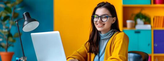 Happy Young Content Creator Excels in Colorful Digital Art Studio photo