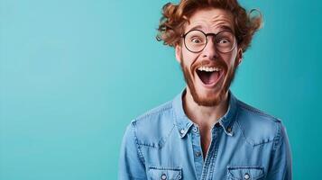Happy Young Entrepreneur Working Dynamically on Color Background Signifying Bold Career Achievements photo