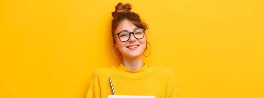 Happy Young Proposal Writer Crafting Success Stories with Colorful photo