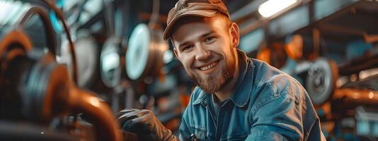 Happy Young Mechanic Expertly Working on Vehicle Portrait of Passion and Skill photo