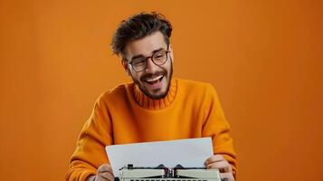 Happy Young Speechwriter Exuding Success and while Working on a Colorful Background photo